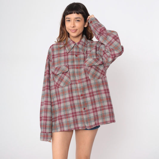 70s Royal Knight Wool Plaid Flannel Shirt Burgundy Grey Chest Pockets Extra Large