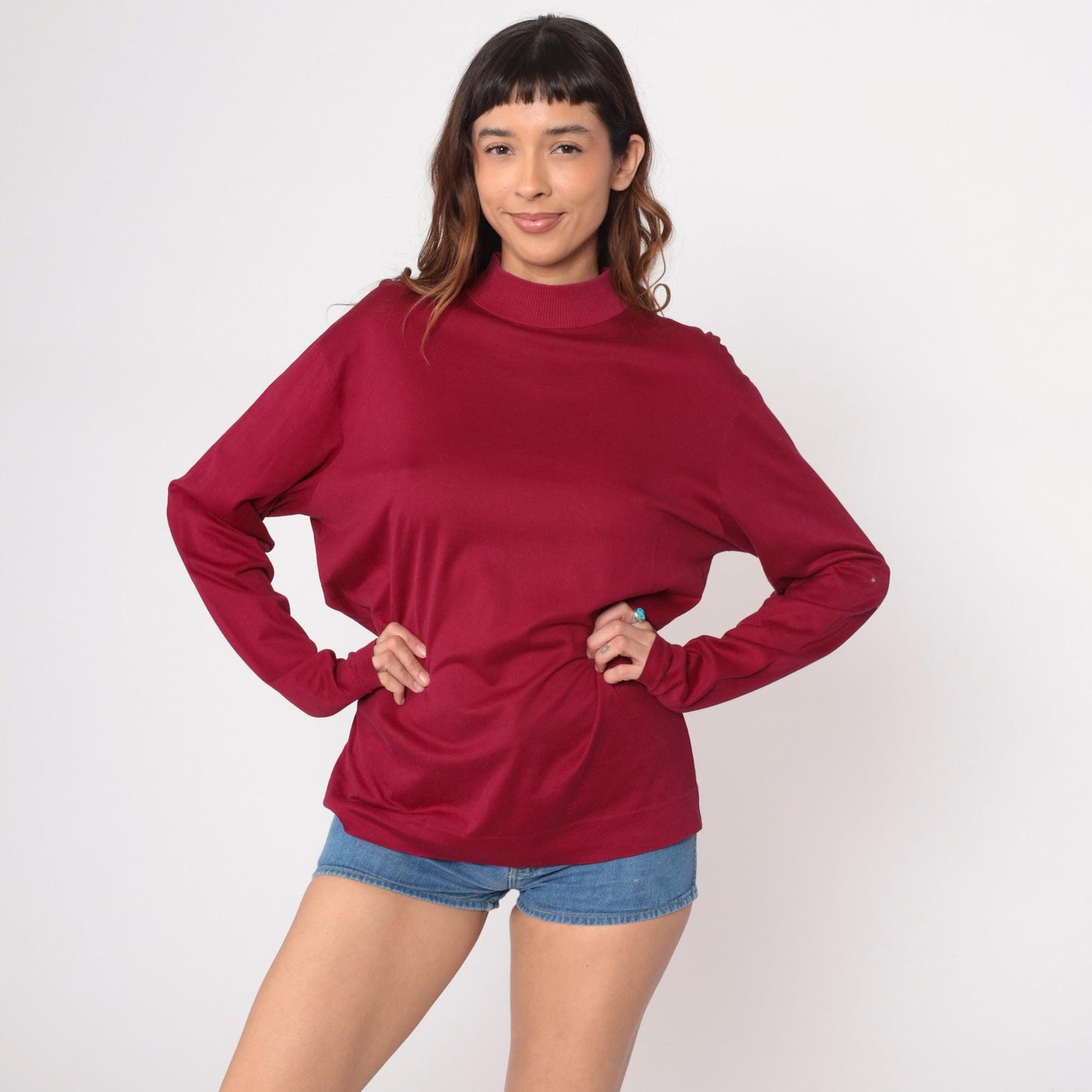 70s Burgundy Mock Neck Pullover Long Sleeve Knit Top Large L