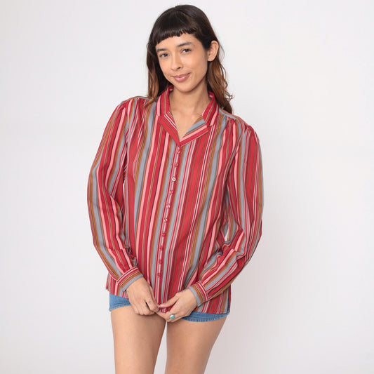 70s Pykettes Striped Button-Front Blouse Multicolor Vertical Stripes Large L