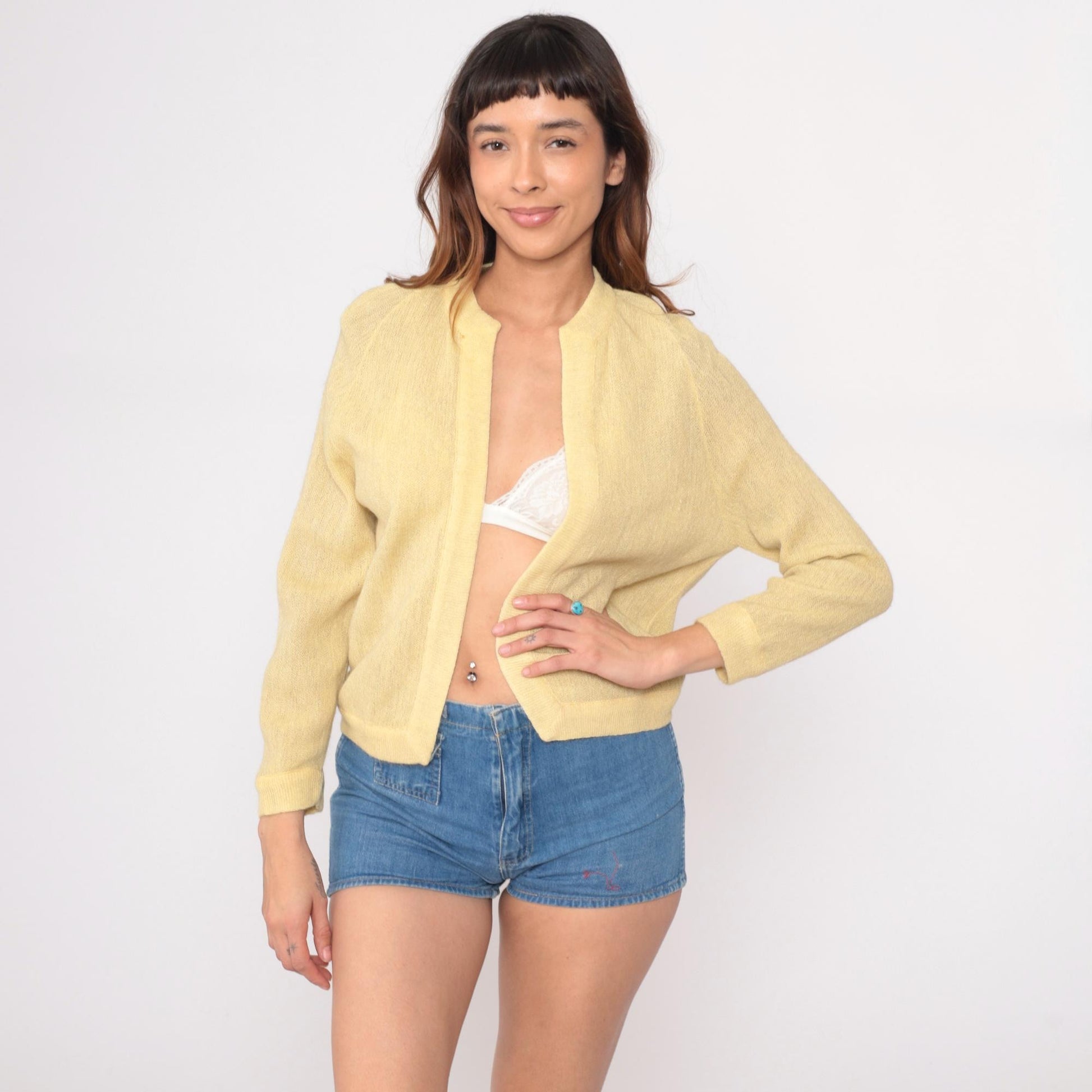 70s Wool Cardigan Pale Yellow Ribbed Knit Open Front Small S