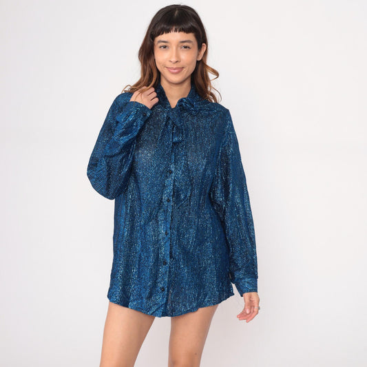 70s Metallic Blue Disco Shirt Long Sleeve Button Front Large L