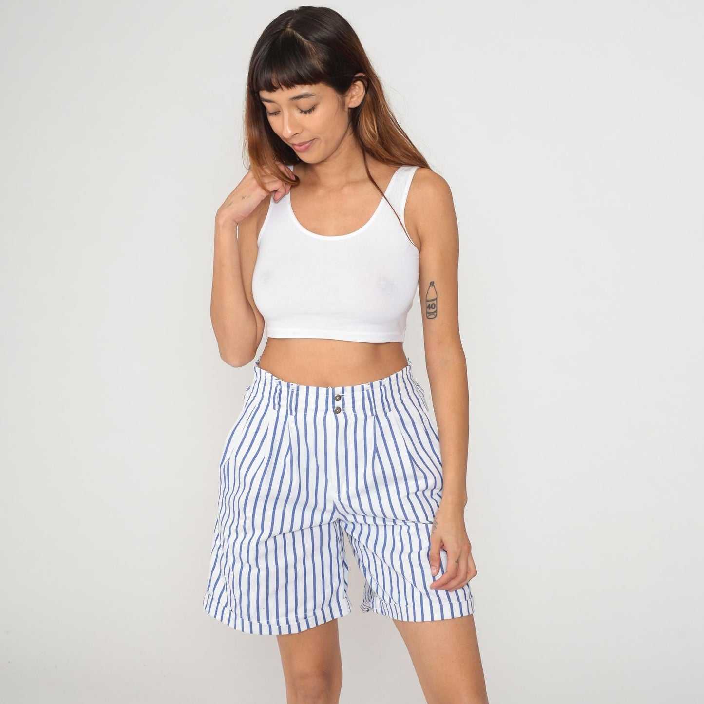 90s Liz Sport High-Waisted Striped Shorts Blue White Cotton Small