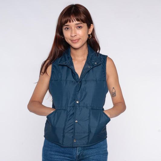 70s Pla-Jac Quilted Ski Vest Teal Snap Collar Sleeveless Medium