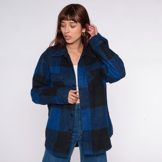 70s Bronzini Buffalo Plaid Flannel Shirt Wool Blend Blue Black Large