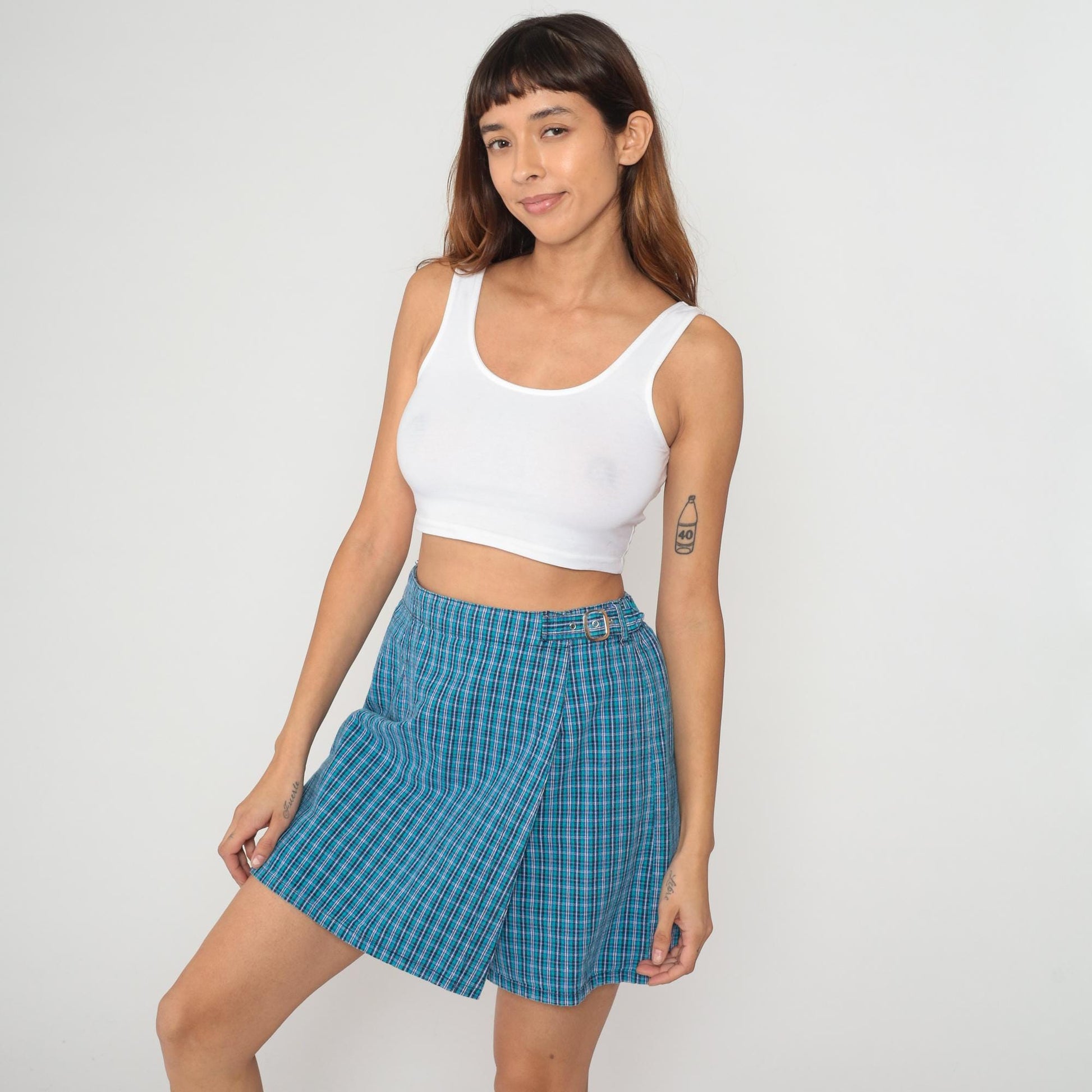 Y2K White Stag Blue Plaid Skort High Waisted Cotton Mini Medium