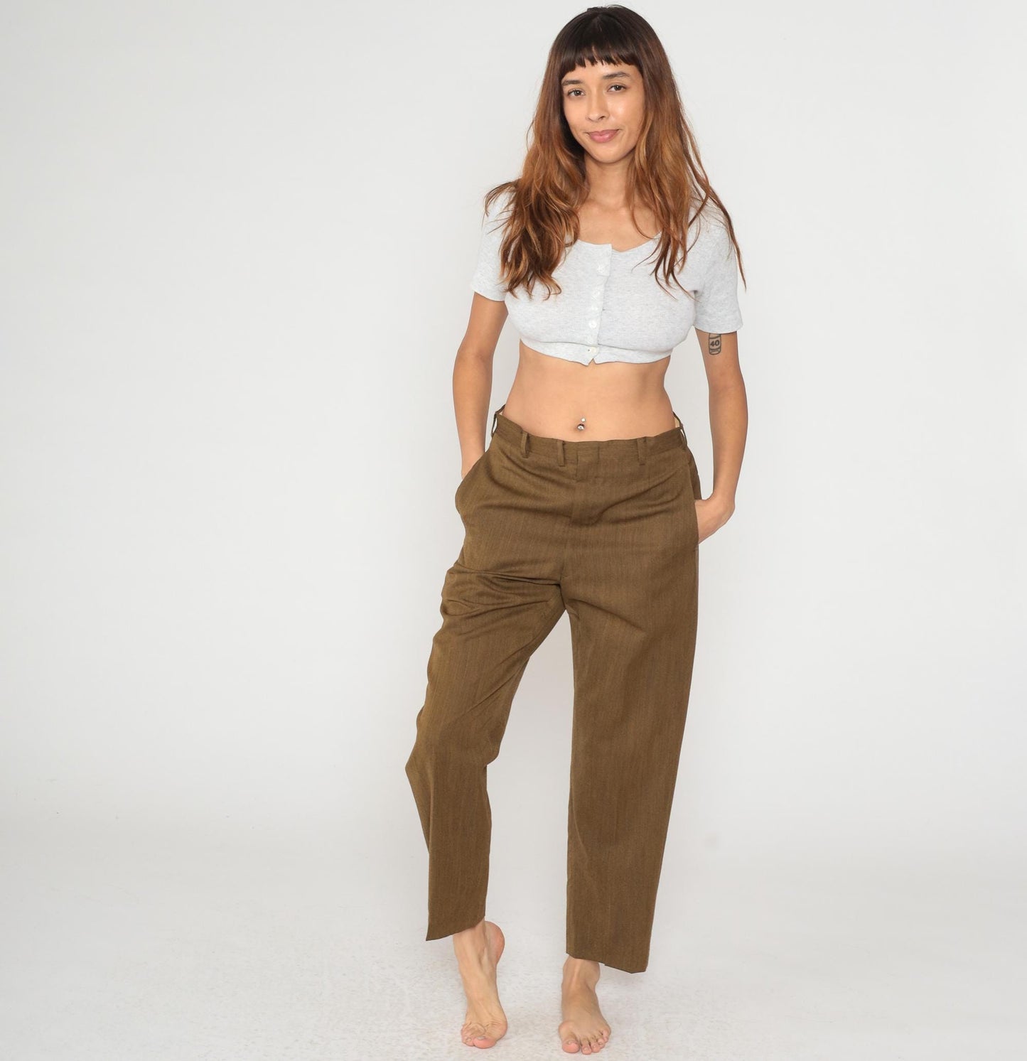 60s Brown High-Waist Straight-Leg Trousers Flat Front Tailored Medium