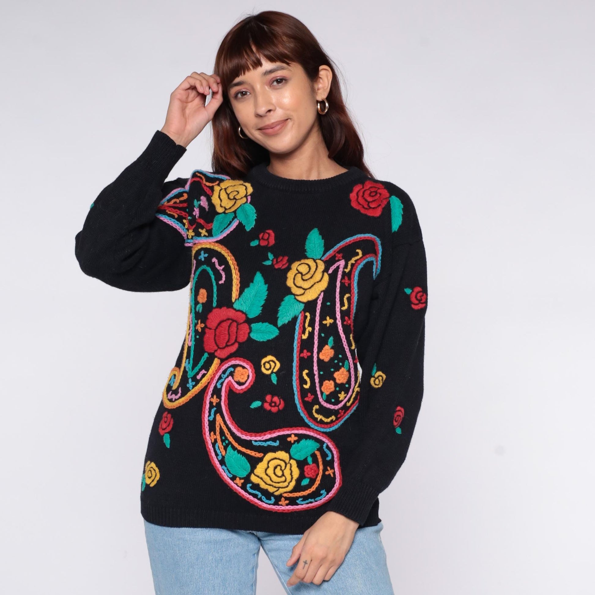 90s Western Connection Black Embroidered Paisley Sweater Snakes Roses Small