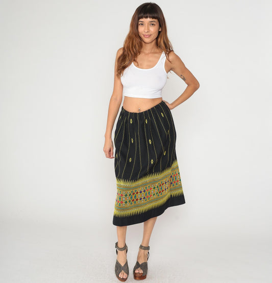 70s Black Embroidered Skirt Yellow Geometric Border Knee Length Medium