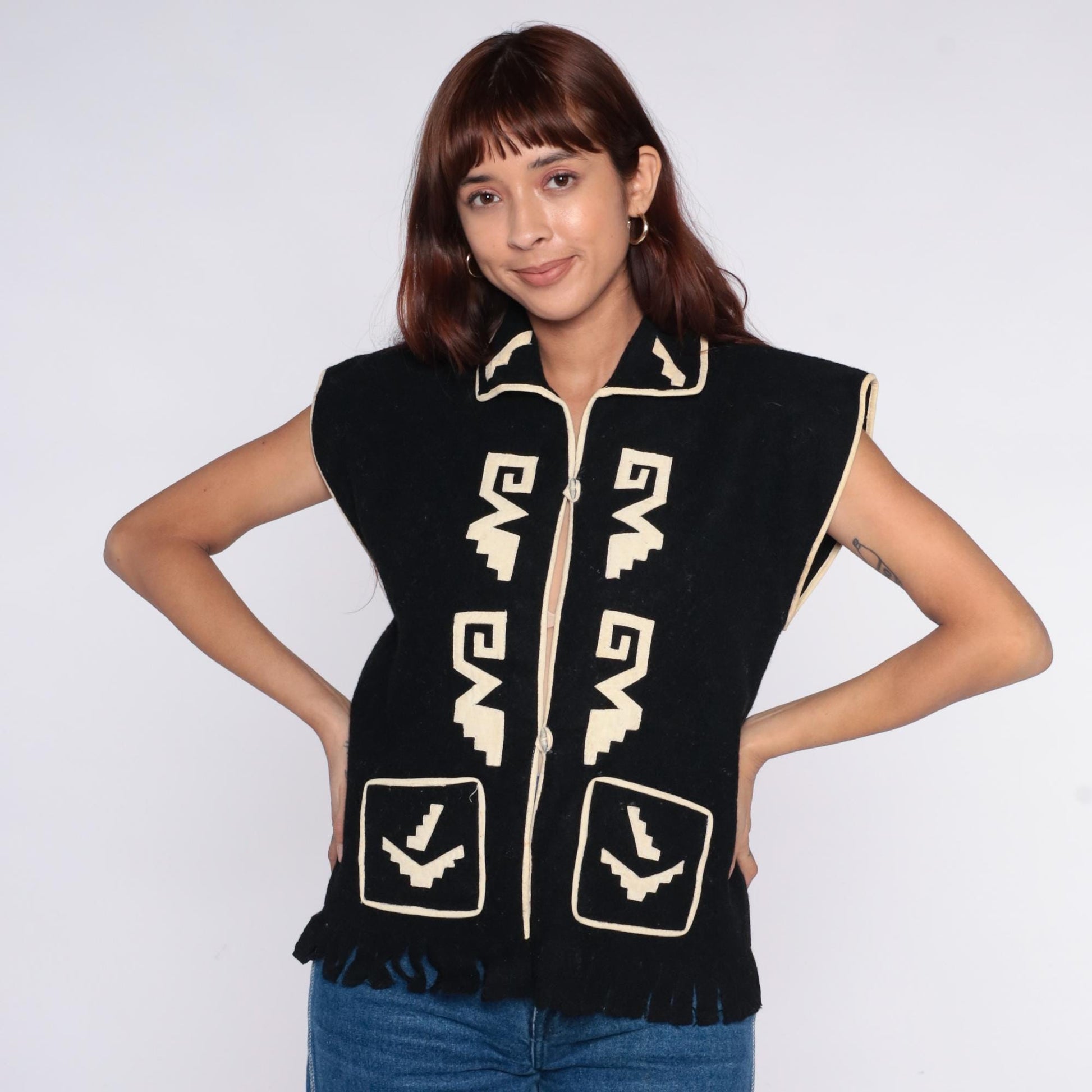 90s Black Southwestern Geometric Vest Collared Zip Front Medium M