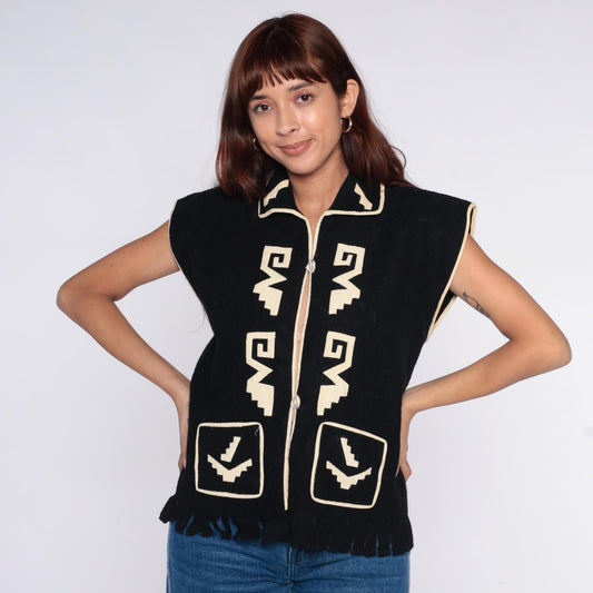 90s Black Southwestern Geometric Vest Collared Zip Front Medium M
