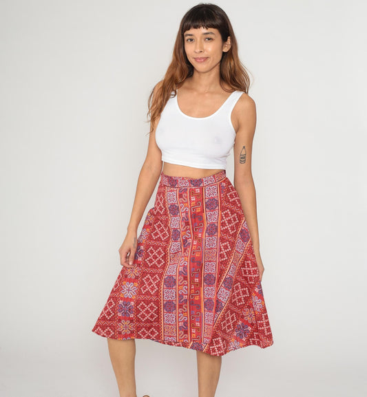 70s Paisley Wrap Skirt Coral Red Ethnic Geometric Print Knee Length Medium