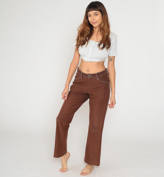 70s Farah Brown Flare Pants White Contrast Stitching Low Rise Medium