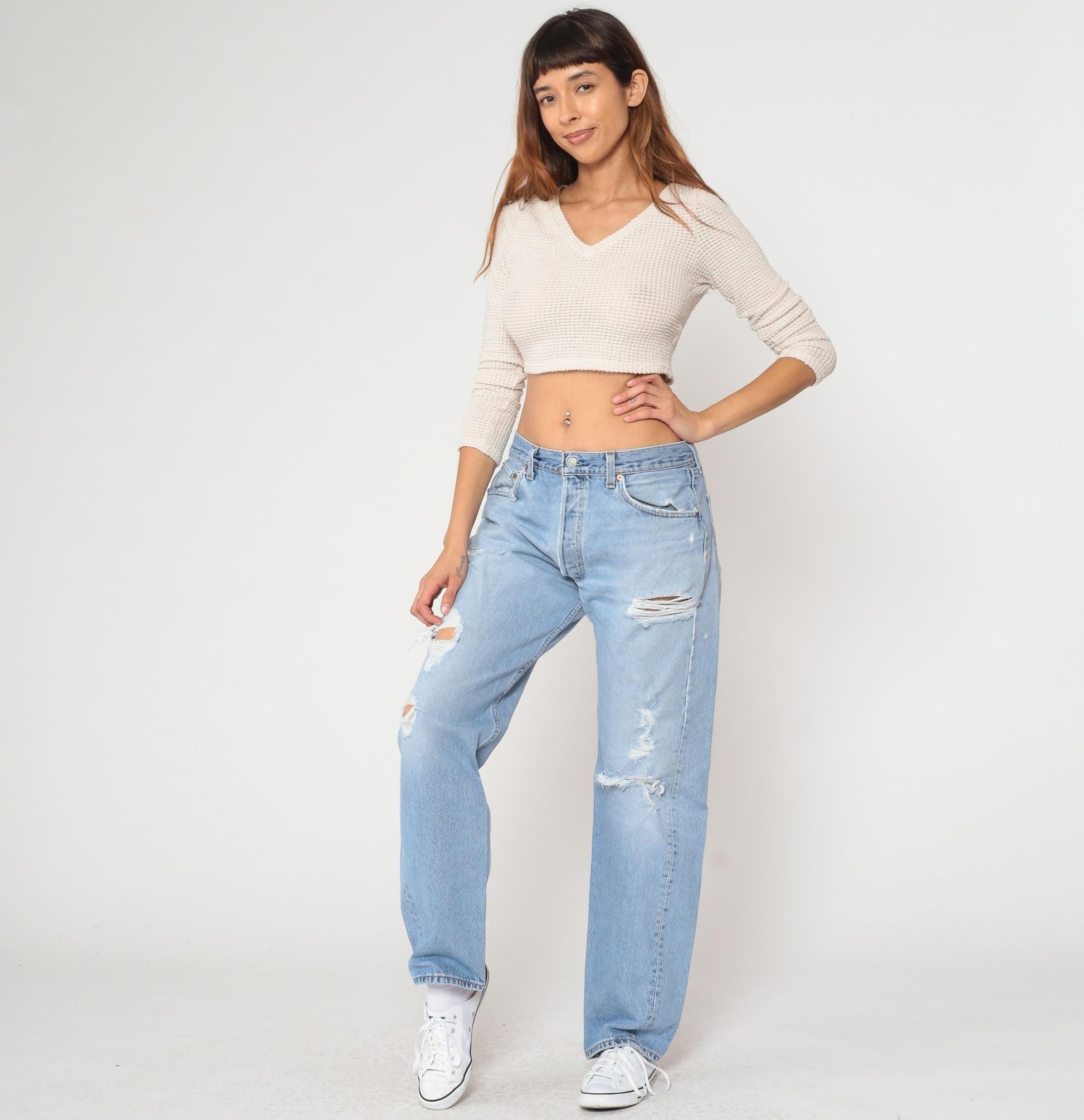 90s Levi's 501 Light Blue Distressed Denim Jeans Straight Leg 34