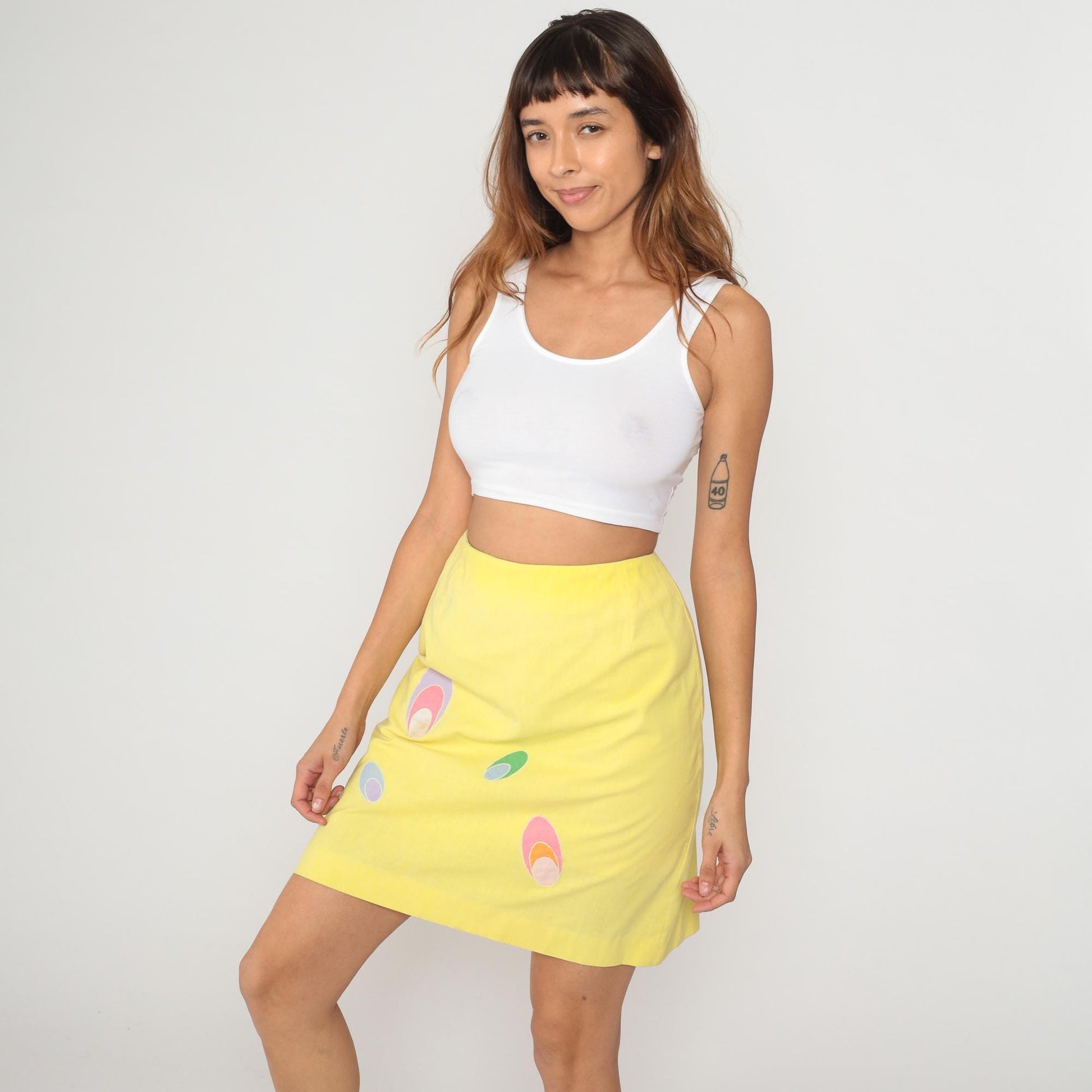 70s Yellow Mini Skirt Abstract Oval Pattern A-Line Cotton Small S