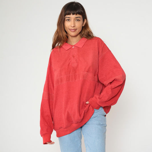 90s Knightsbridge Red Polo Sweatshirt Ribbed Knit XXL