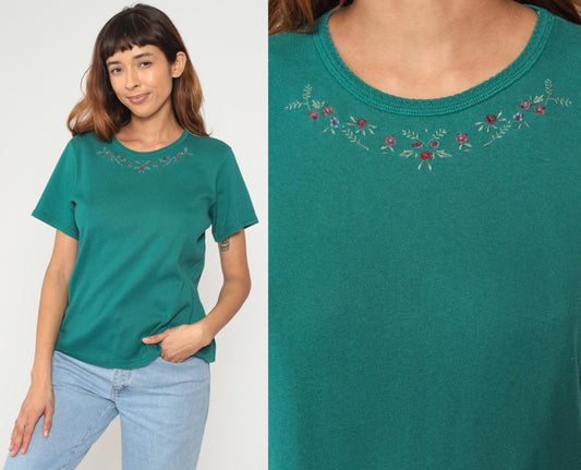 90s Teal Embroidered Floral T-Shirt Cotton Crew Neck Short Sleeve Large L