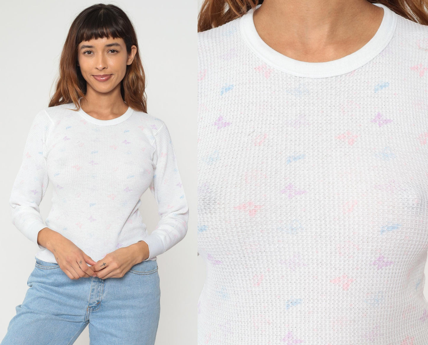 80s High Sierra Butterfly Thermal Waffle Knit Long Sleeve Tee White Medium