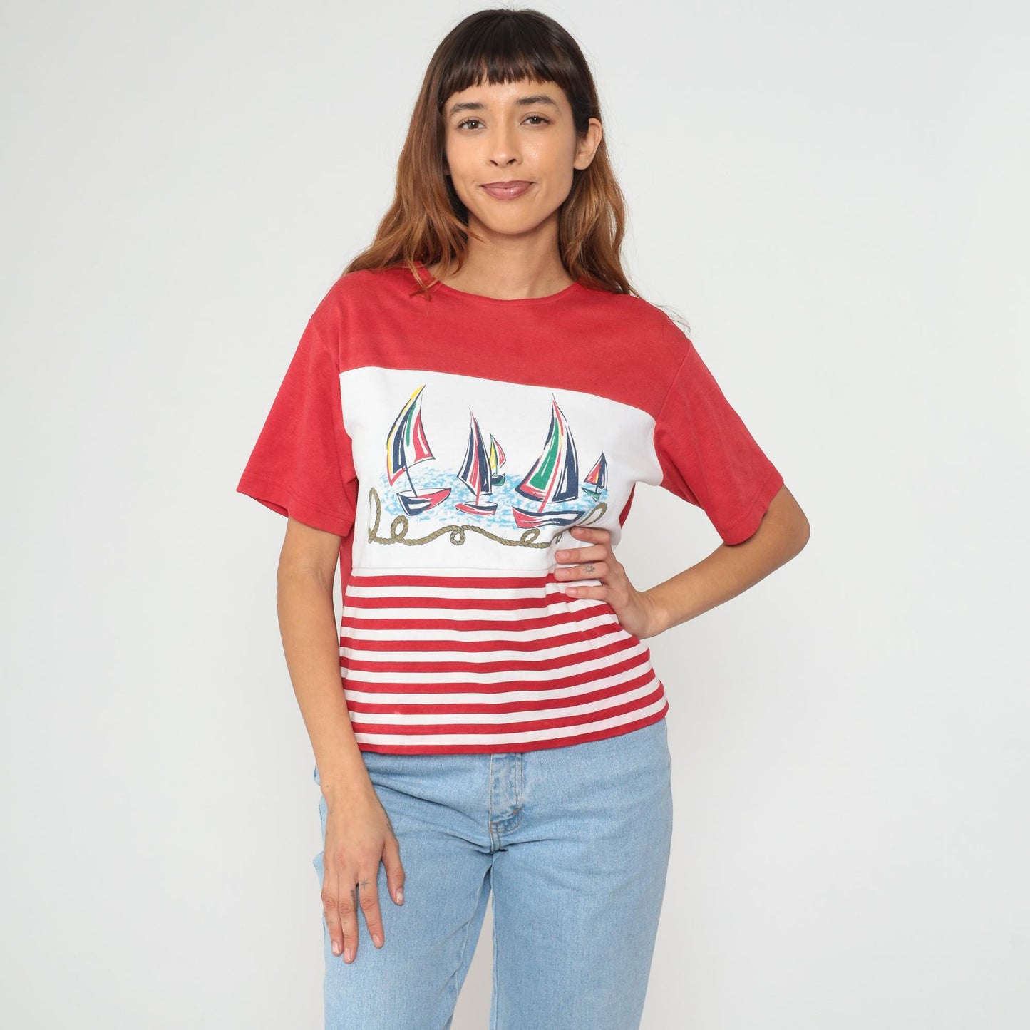 90s Sailboat Nautical Red White Striped Cotton Graphic Tee Large L