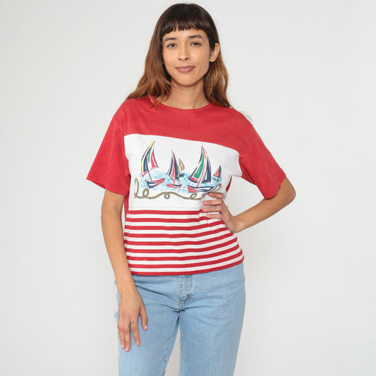 90s Sailboat Nautical Red White Striped Cotton Graphic Tee Large L