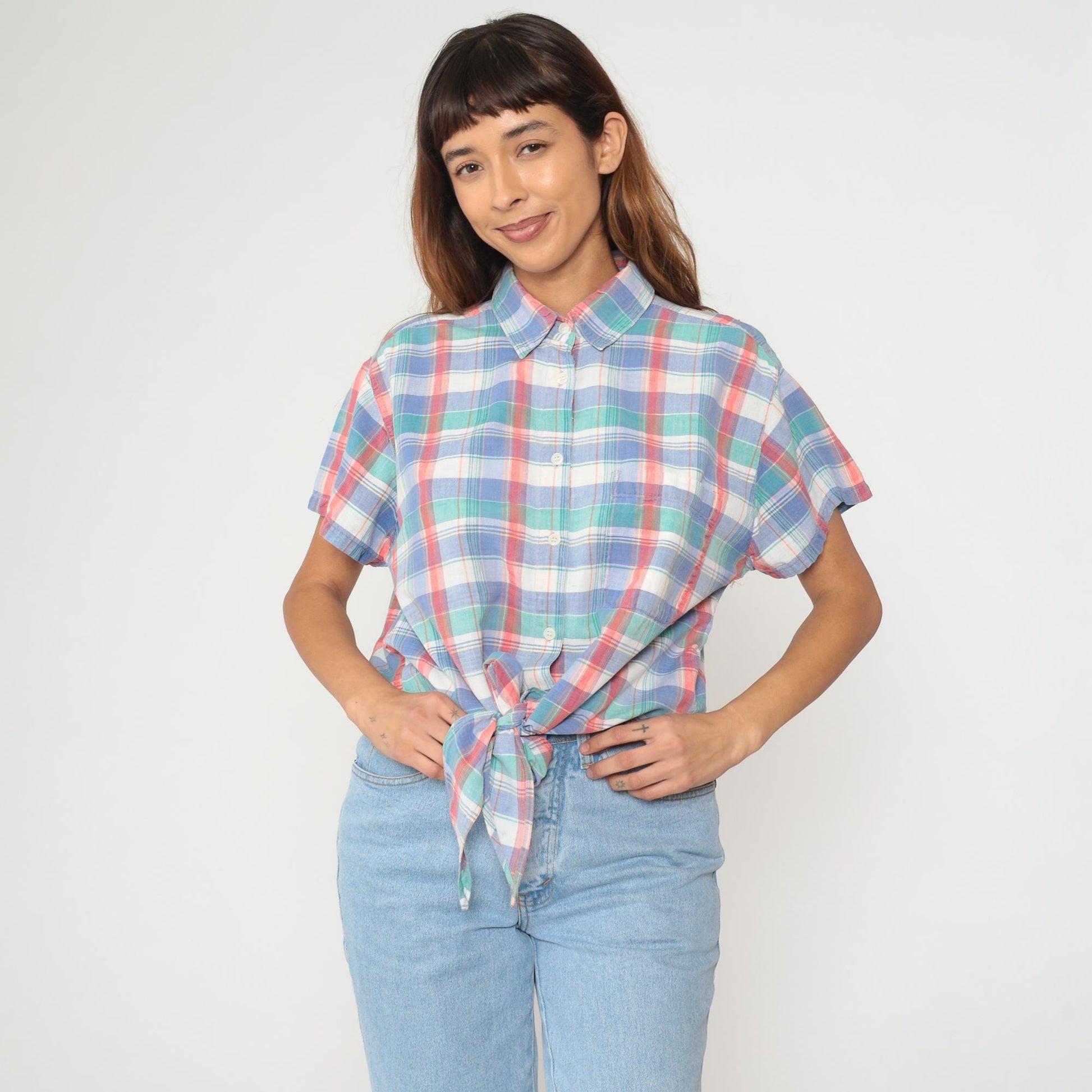 90s Sorrel Plaid Cropped Shirt Cotton Blue Green Pink White Checkered Large