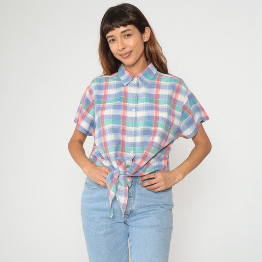 90s Sorrel Plaid Cropped Shirt Cotton Blue Green Pink White Checkered Large