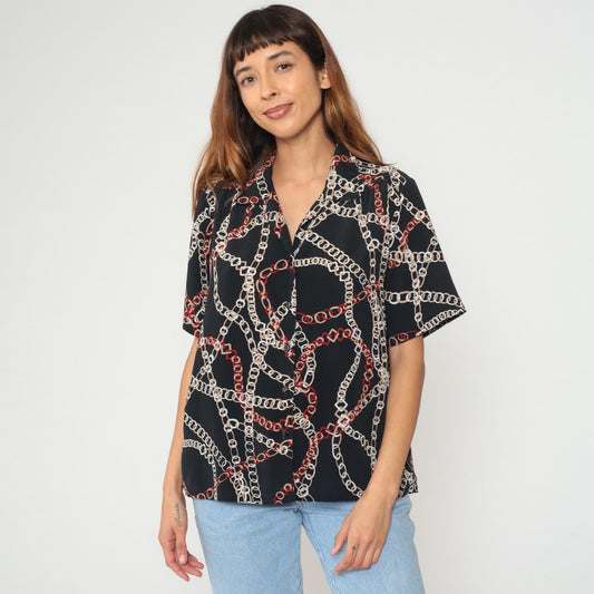 90s Donnkenny Chain Link Print Blouse Black White Red Short Sleeve Large L