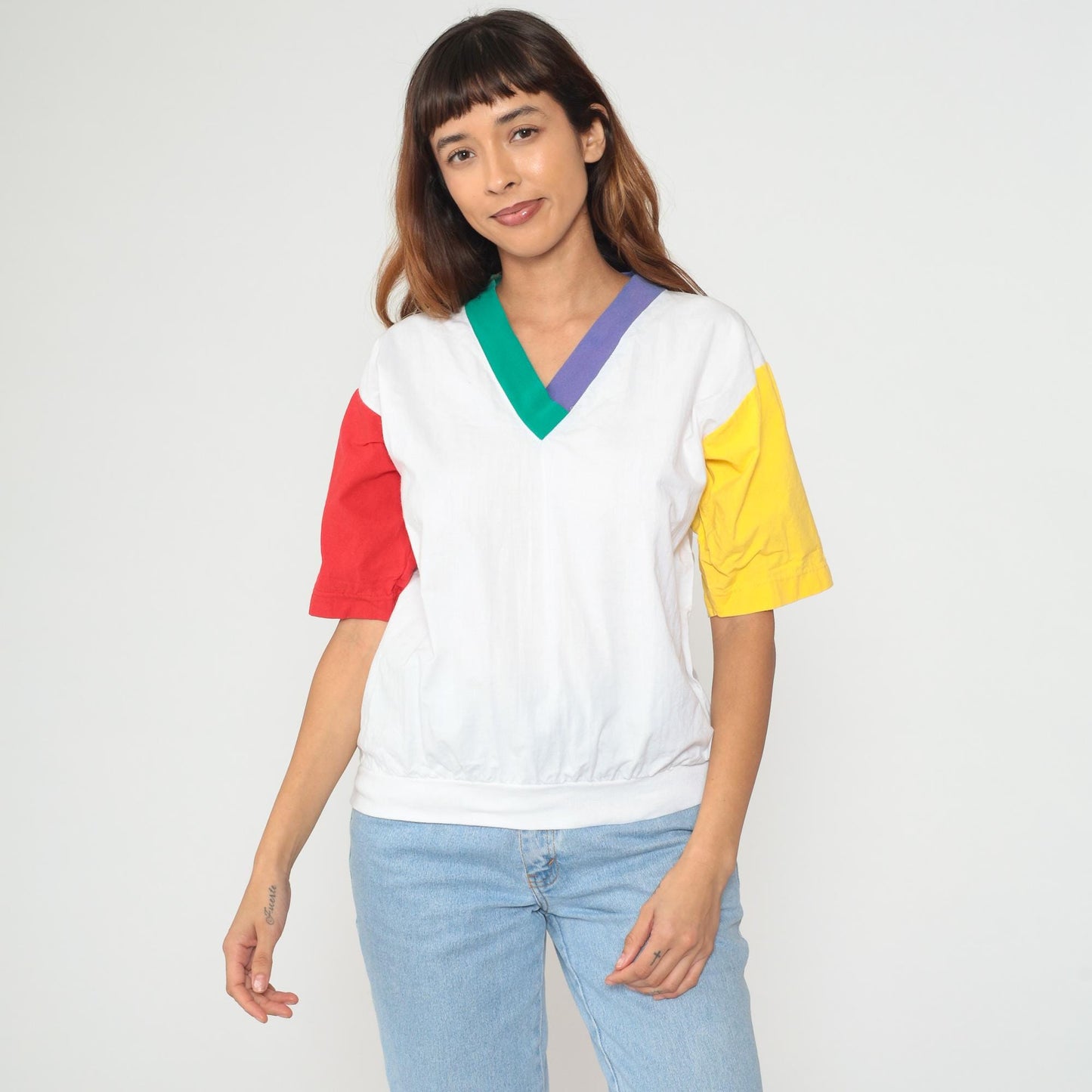 90s Colorblock Cotton V-Neck Shirt Yellow Red Purple Teal Medium M
