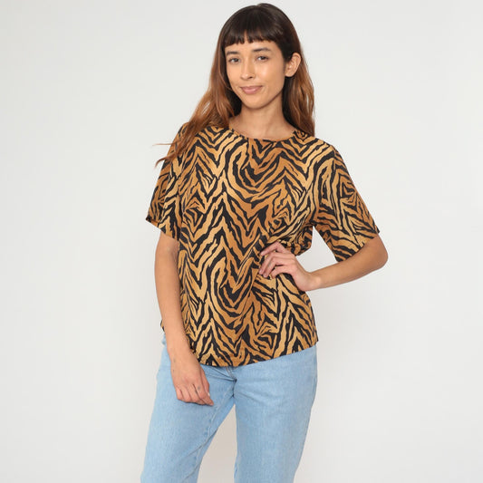 90s Kathie Lee Tiger Stripe Blouse Tan Black Short Sleeve Medium M