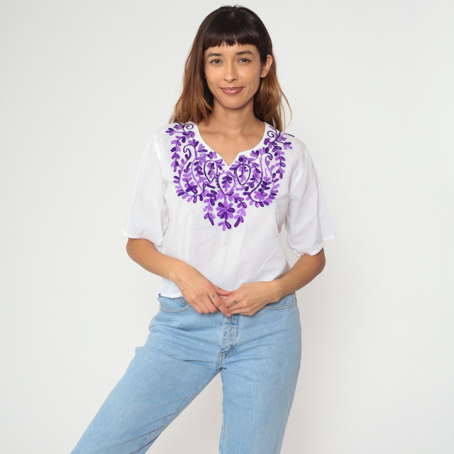 Y2K Mexican Embroidered Cotton Crop Top White Purple Floral Medium M