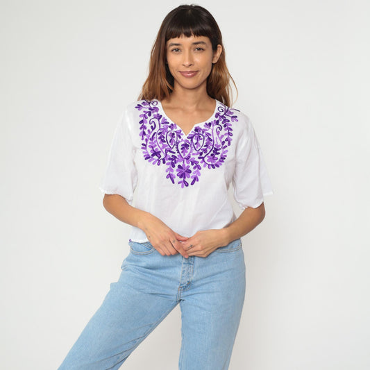 Y2K Mexican Embroidered Cotton Crop Top White Purple Floral Medium M