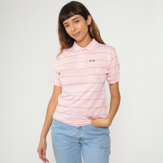 80s Le Tigre Polo Shirt Pink Blue Stripe Cotton Short Sleeve Small S