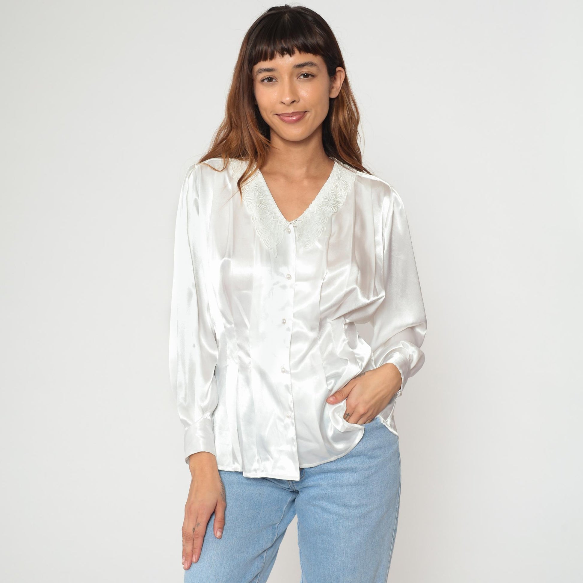 90s White Satin Blouse Lace Collar Puff Shoulders Pearl Buttons Small