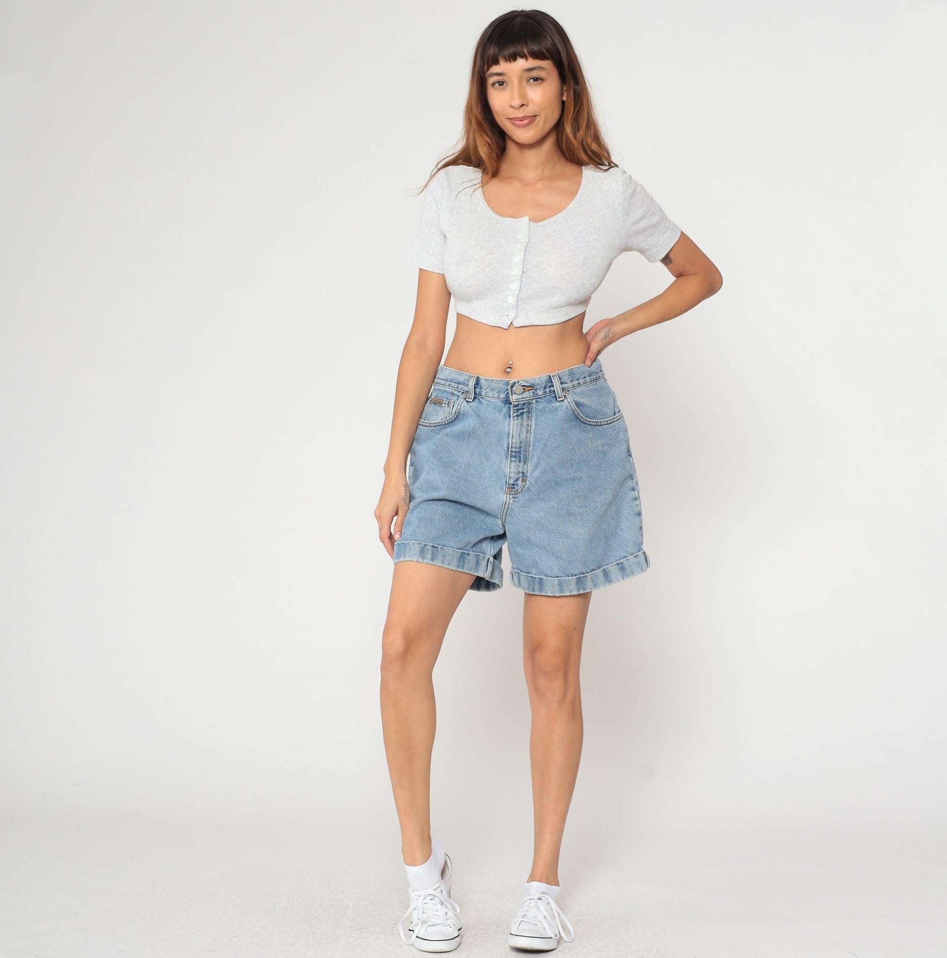 Calvin Klein 90s High Rise Denim Shorts Light Wash Blue Button Fly Large