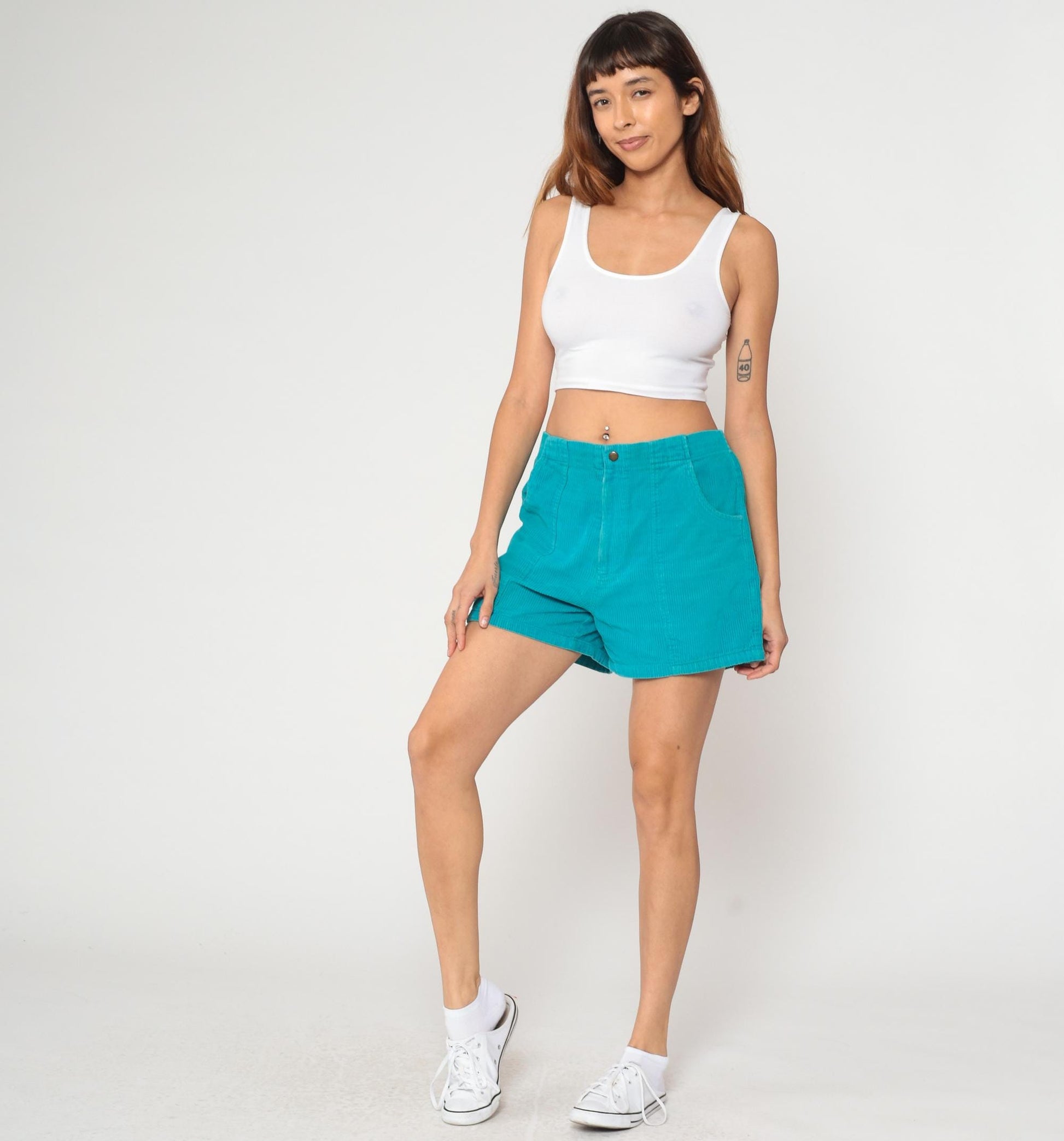 80s Turquoise Corduroy Shorts High Waisted Mini Elastic Waist Large