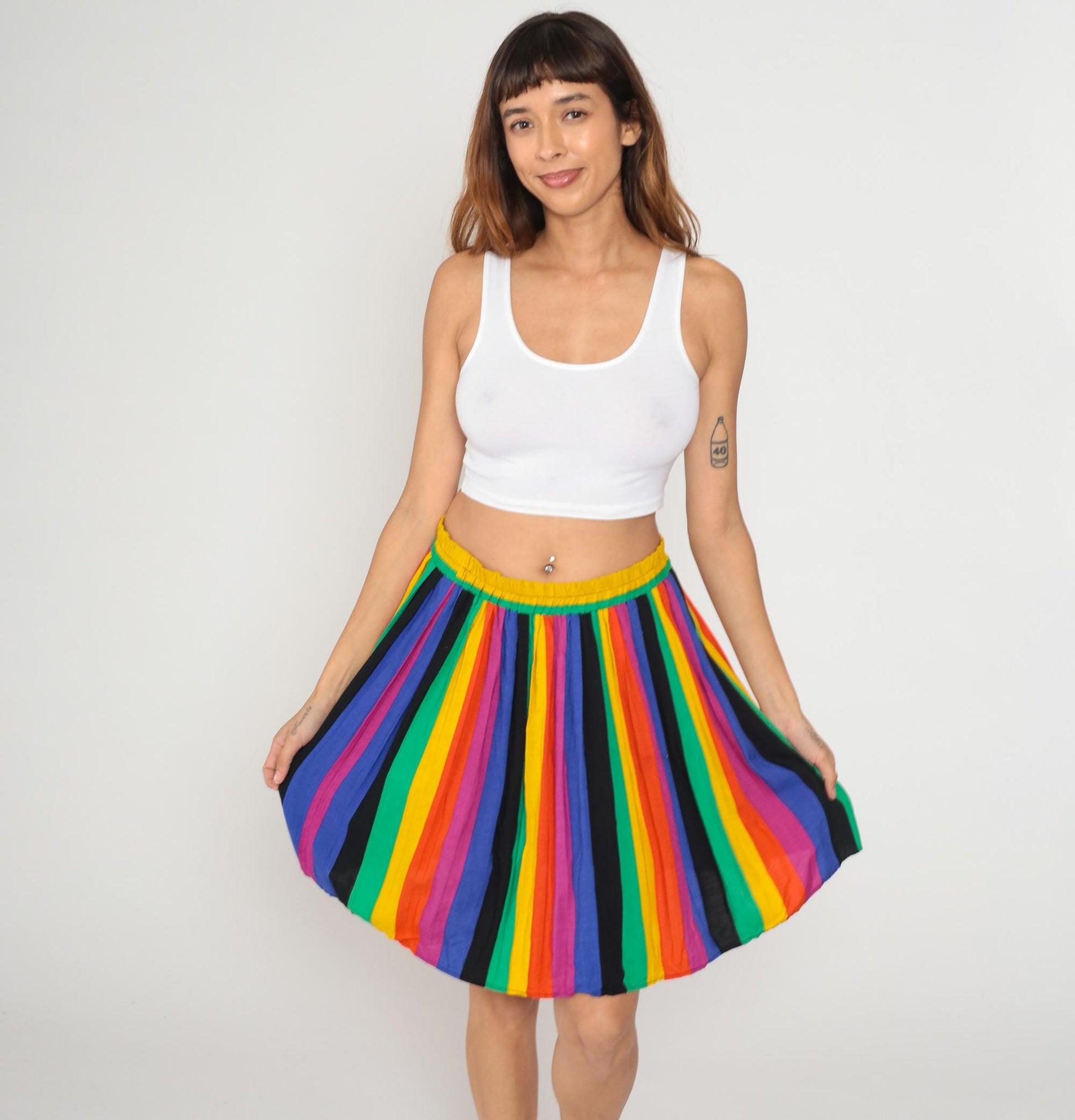 80s Rainbow Stripe Mini Skirt High Waisted Pleated Yellow Green Blue Red Medium M
