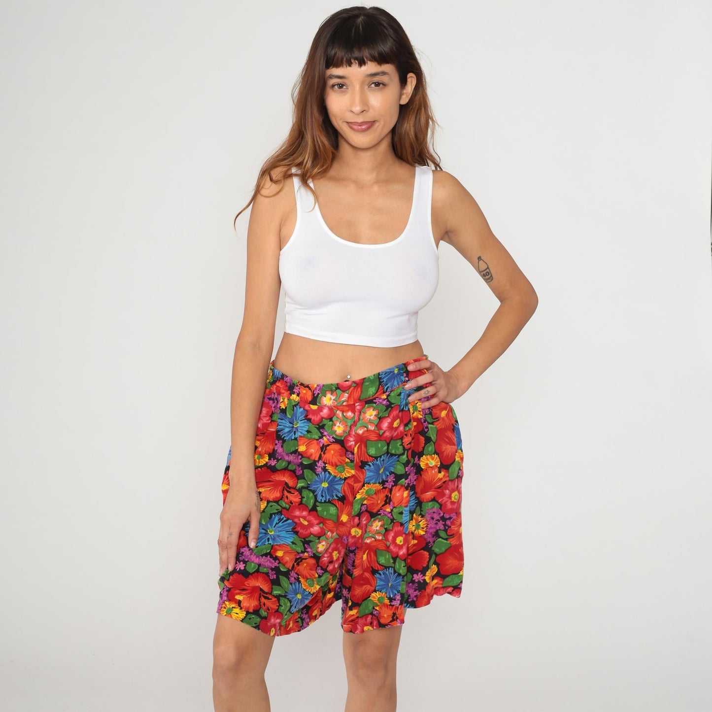 90s Tropical Floral Shorts Plus Size Hibiscus Print Black Rayon XXL