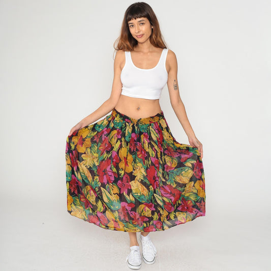 90s Tropical Floral Midi Skirt Cotton Gauze Elastic Waist Multicolor Large