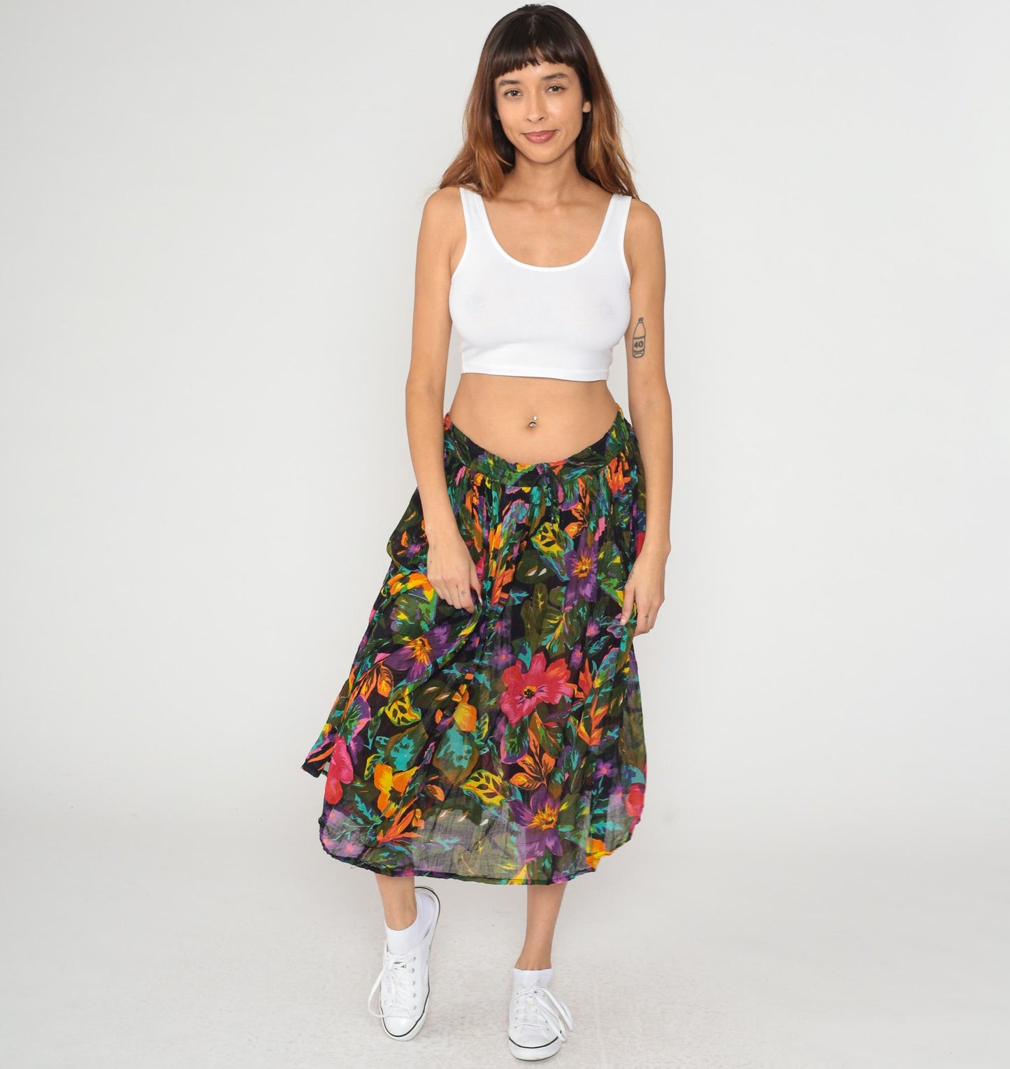90s Tropical Floral Midi Skirt Black Pink Purple Orange Rayon Gathered Waist Medium