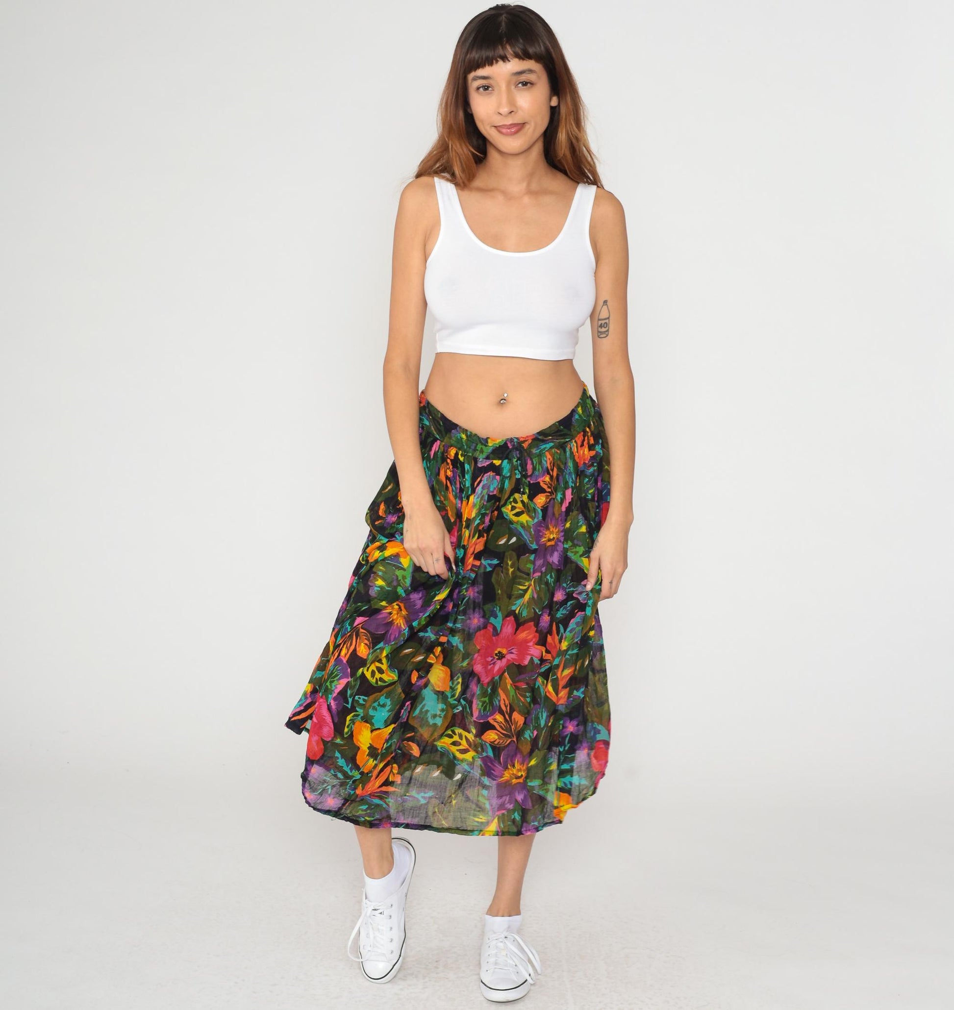 90s Tropical Floral Midi Skirt Black Pink Purple Orange Rayon Gathered Waist Medium