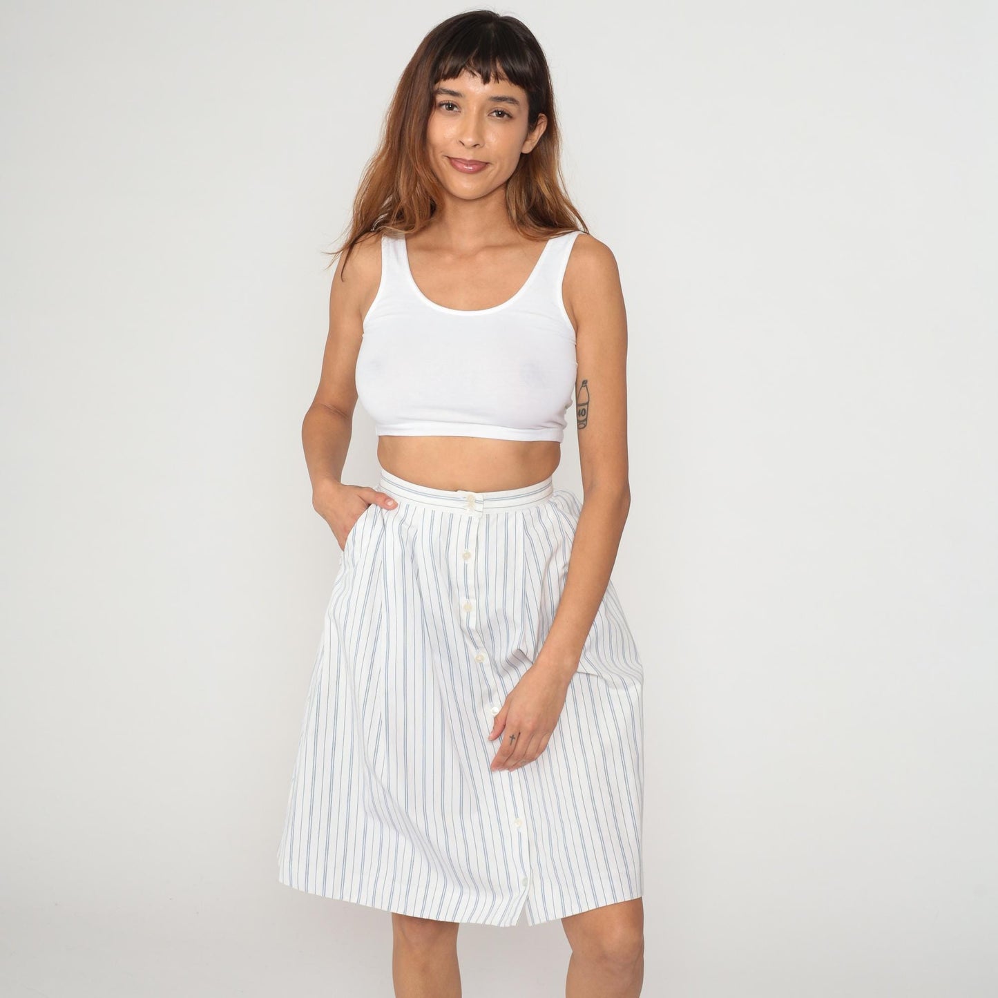 90s Hunters Run White Blue Striped A-Line Skirt Cotton Extra Small XS