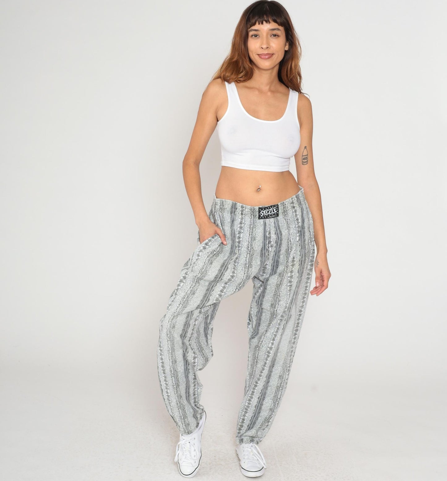 90s Sizzle Geometric Print Lounge Pants Grey White Elastic Waist Large