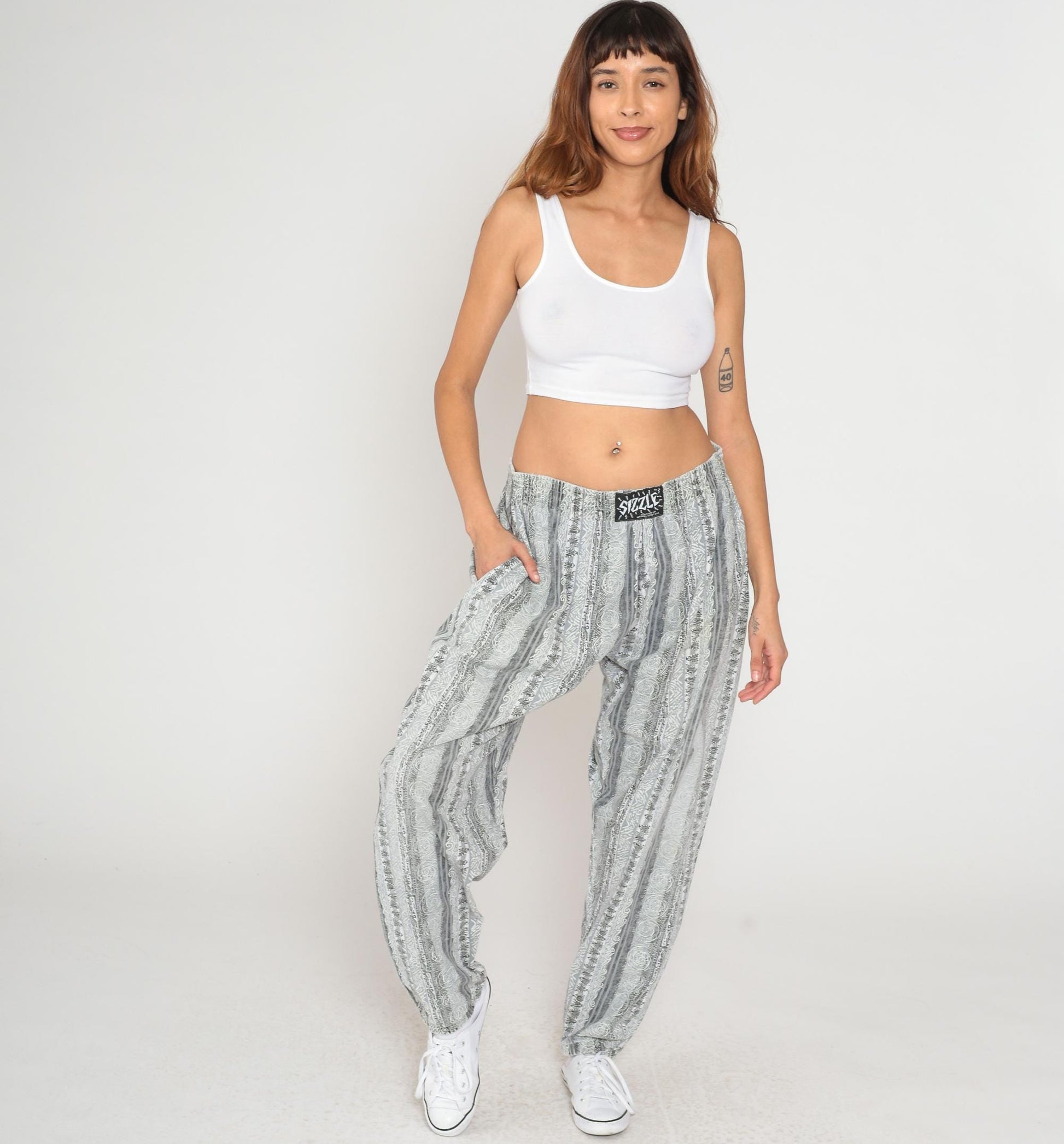 90s Sizzle Geometric Print Lounge Pants Grey White Elastic Waist Large