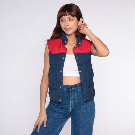 80s Brandon Colorado Navy Red Quilted Down Vest Western Yoke Extra Small XS