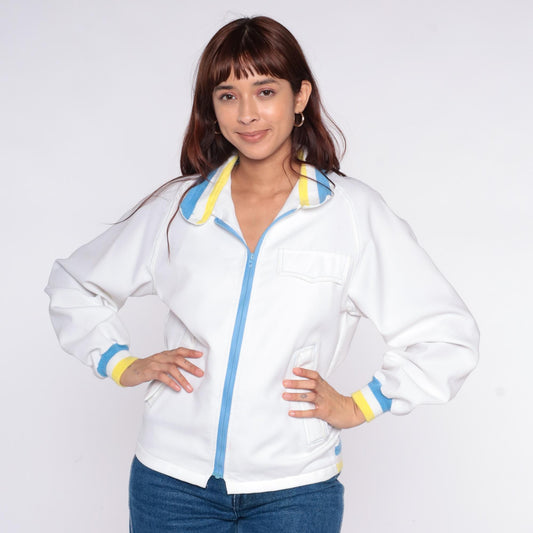 80s Sportsmaster Track Jacket White Windbreaker Blue Yellow Stripe Small