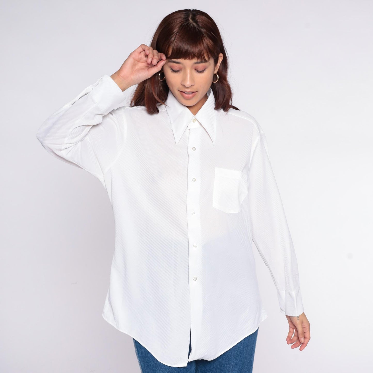70s Montgomery Ward White Button-Up Shirt Diagonal Ribbed Long Sleeve Large