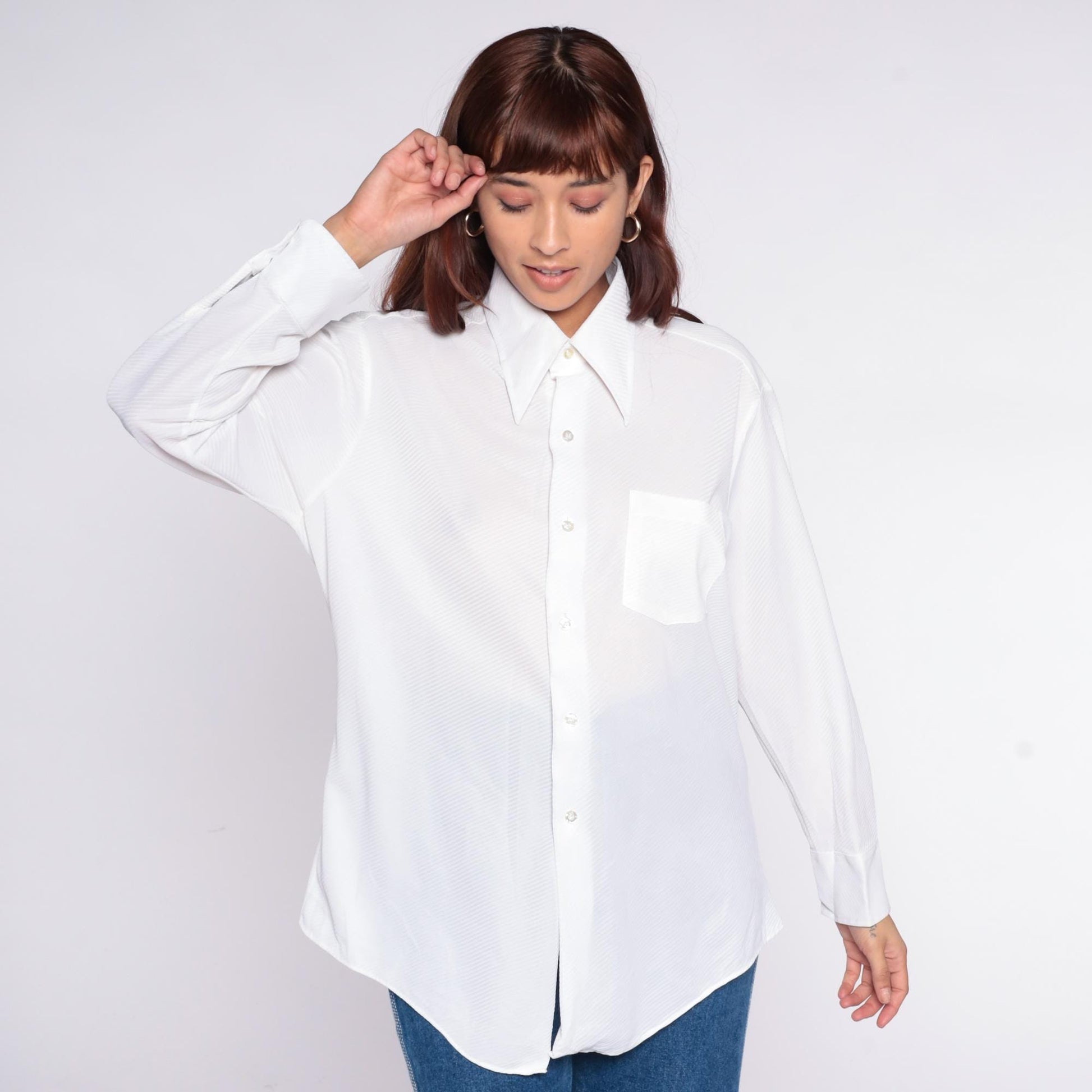70s Montgomery Ward White Button-Up Shirt Diagonal Ribbed Long Sleeve Large
