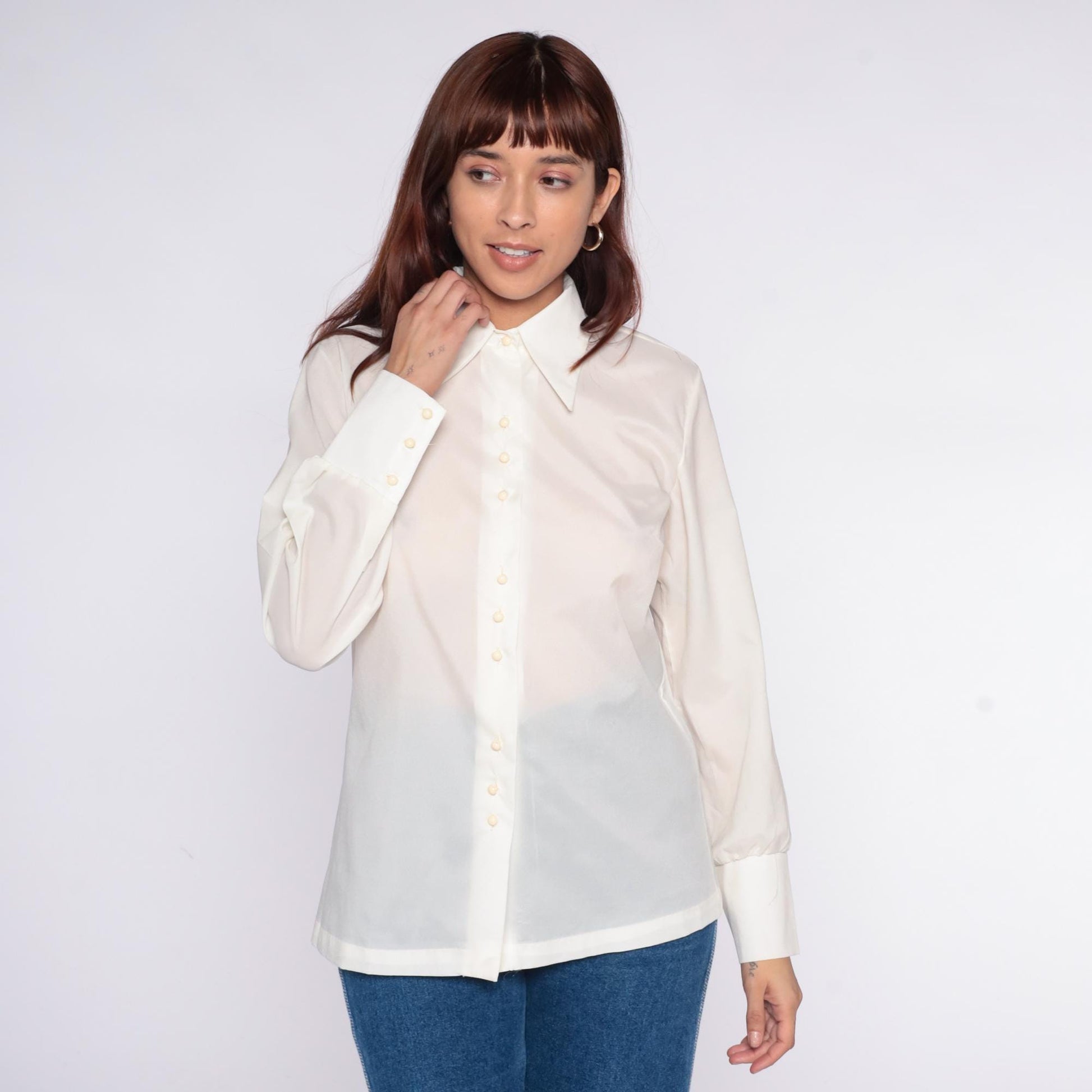 70s Cream Pointed Collar Button-Up Shirt Long Sleeve Semi-Sheer Medium