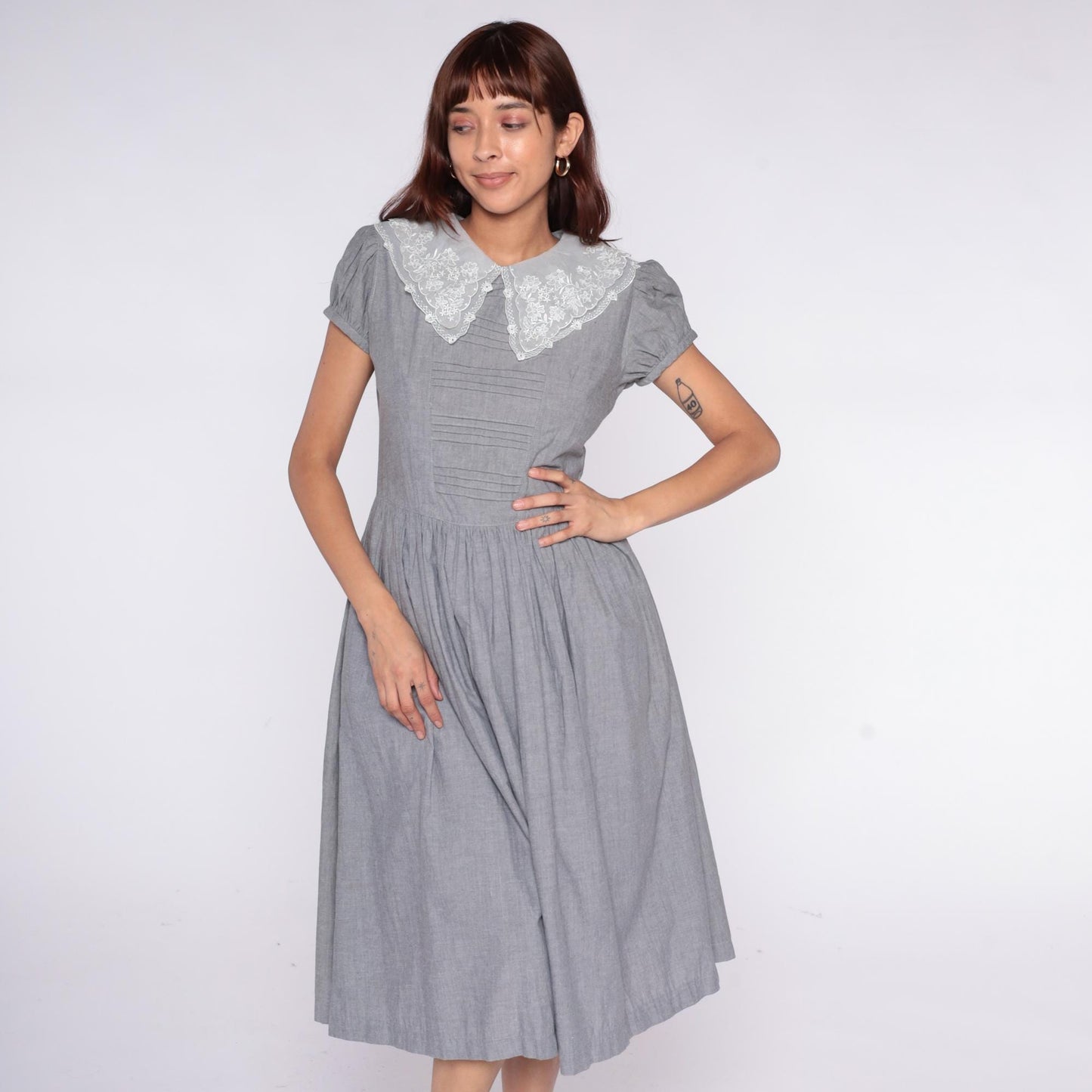 80s Grey Maxi Dress White Lace Collar Puff Sleeve Pintuck Medium M