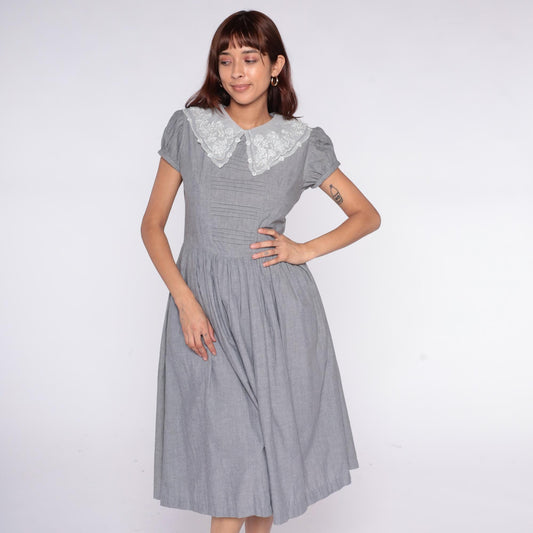 80s Grey Maxi Dress White Lace Collar Puff Sleeve Pintuck Medium M