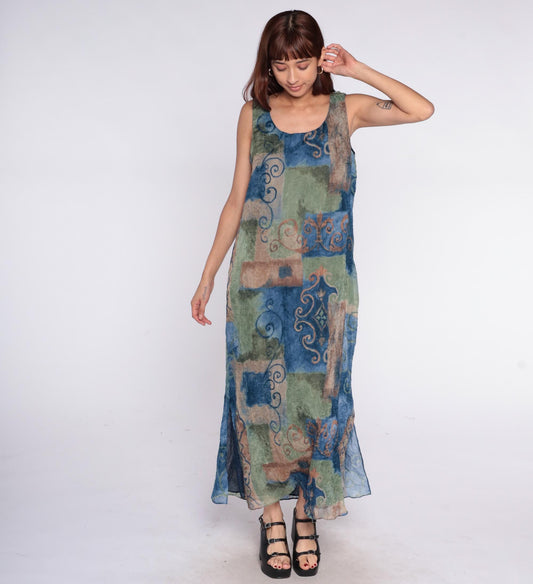 90s Nina Piccaino Patchwork Maxi Dress Sleeveless Blue Green Tan Medium